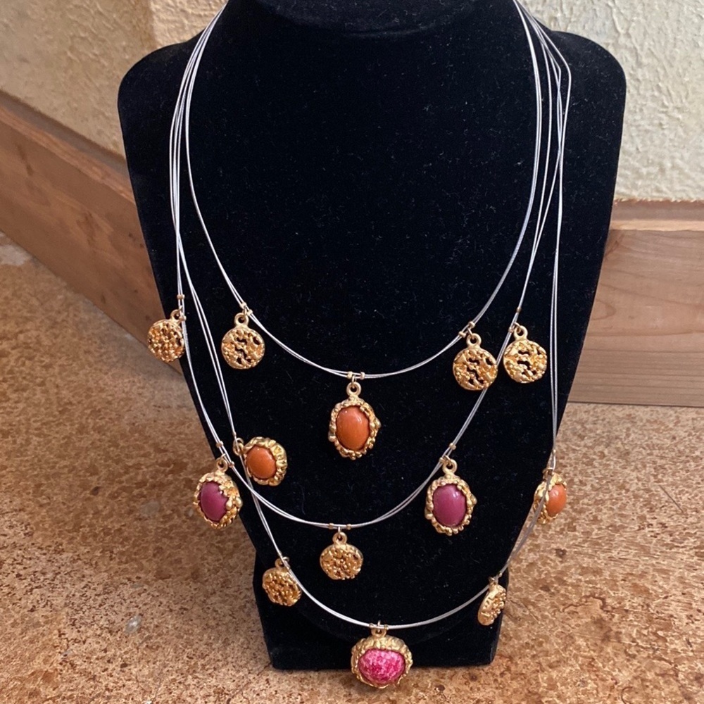 Chico’s illusion pink stone and gold toned multi strand Statement‎ necklace